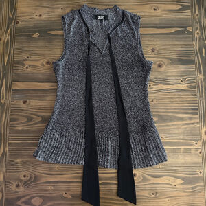 Women’s DKNY Black White Sleeveless V-Neck Tank Top XL Tie Detail Office Work